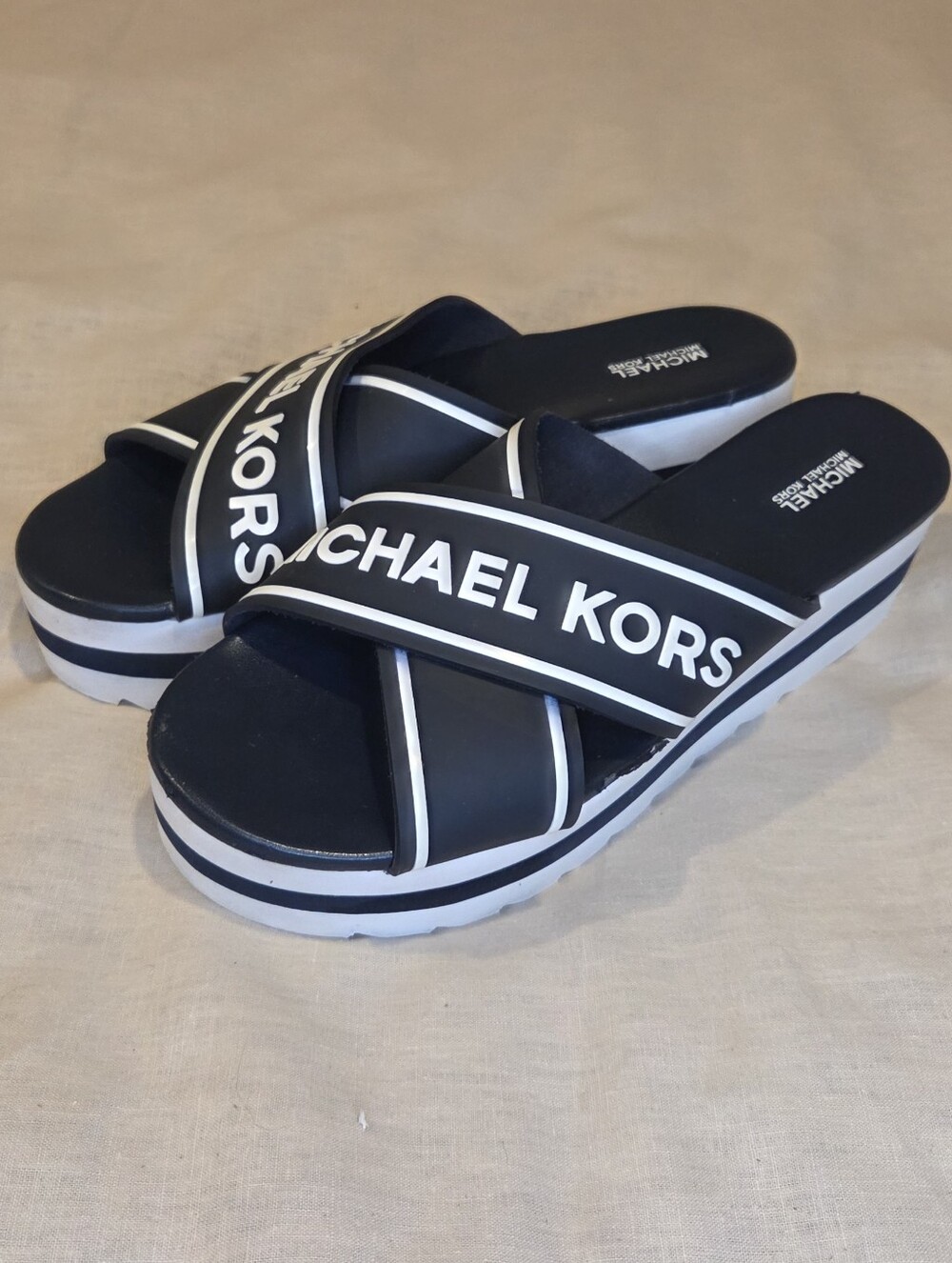 Michael Kors Platform Slide Sandals Navy White Logo Wedge Slides